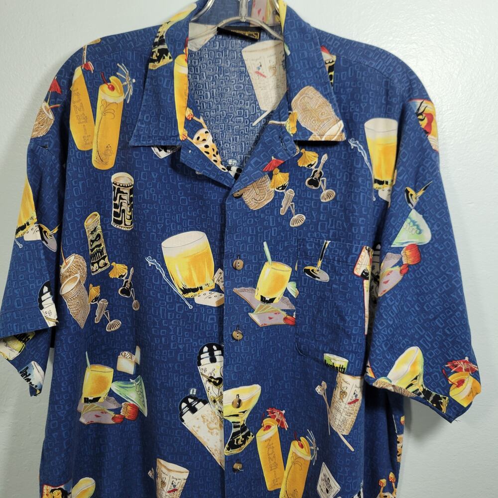 Monzini Collection From  Italy Mens Bue Bar Graphic Hawaiian Shirt Size XL 10325 - Picture 2 of 6